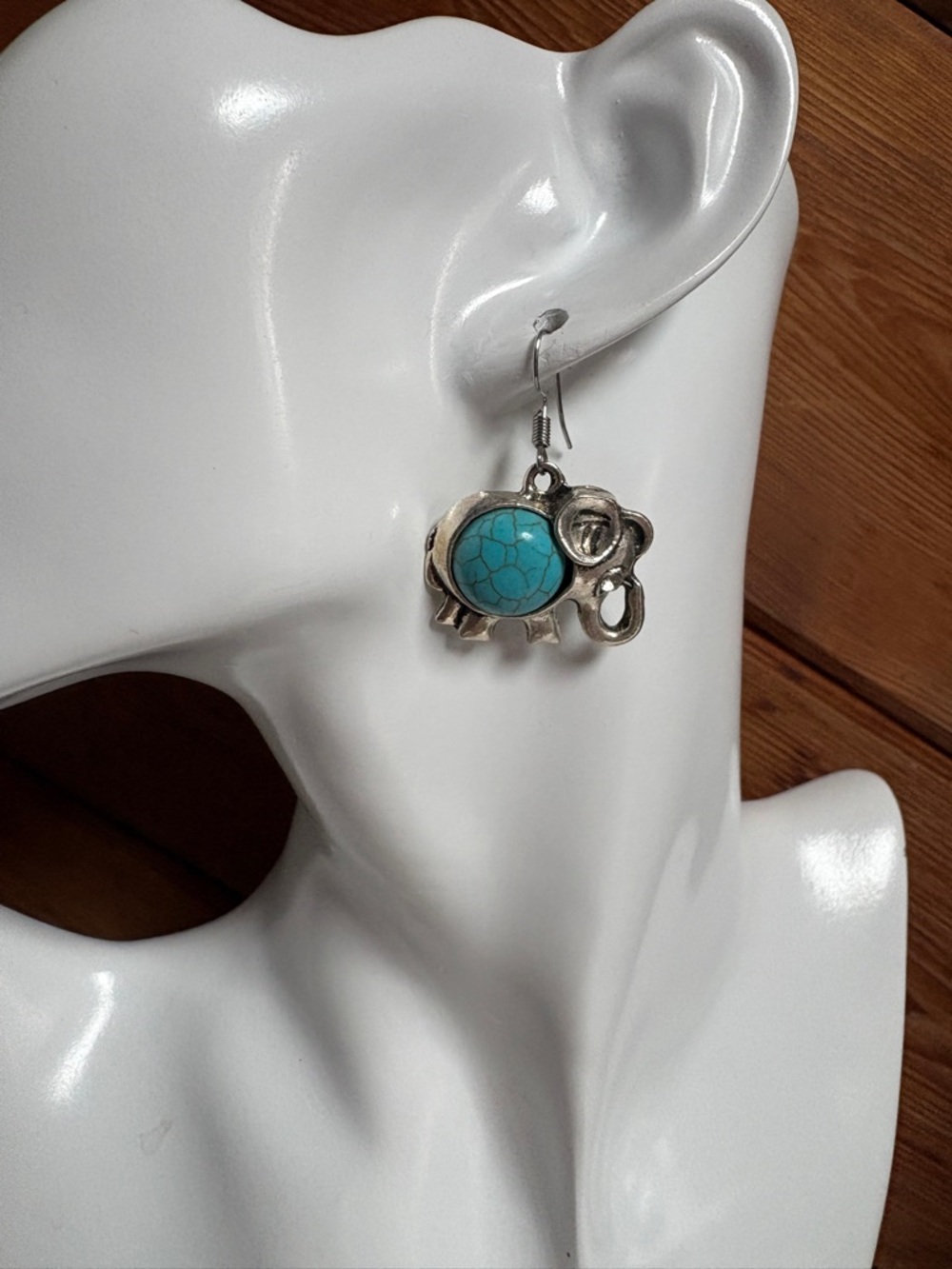 Turquoise Elephant Drop Earrings - Silver Tone 1.1/4"